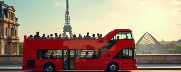 Editorial magazine-grade photo of a Paris hop-on hop-off bus on a sunny day, with iconic landmarks visible in the background, clean composition, controlled symmetry and negative space