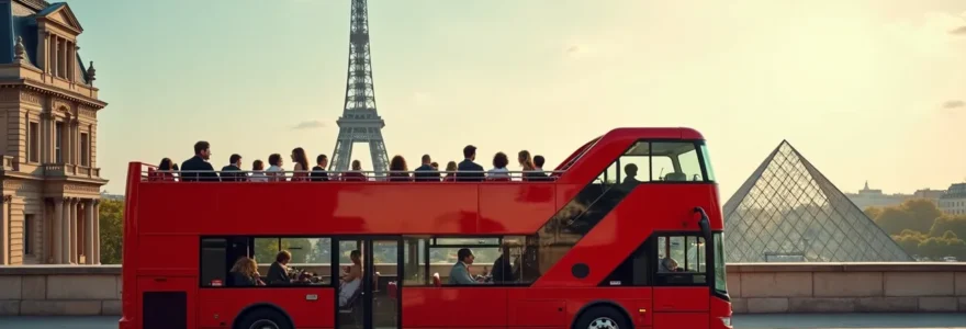 Editorial magazine-grade photo of a Paris hop-on hop-off bus on a sunny day, with iconic landmarks visible in the background, clean composition, controlled symmetry and negative space