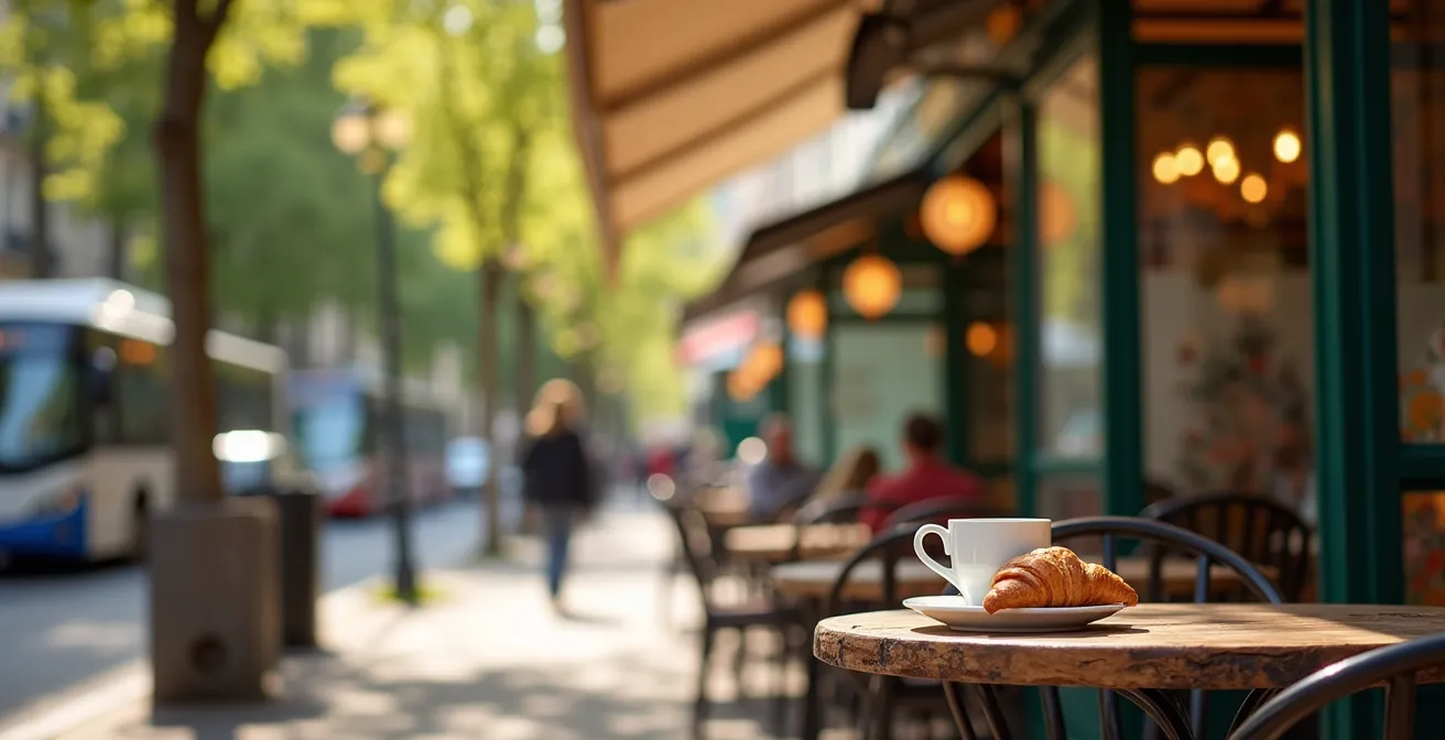 A cozy Parisian street cafe near a bus stop bathed in warm afternoon light with customers enjoying coffee and pastries