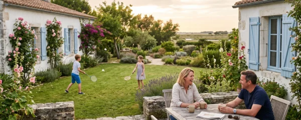 A family relaxes in the garden of a private holiday villa on Île de Ré.