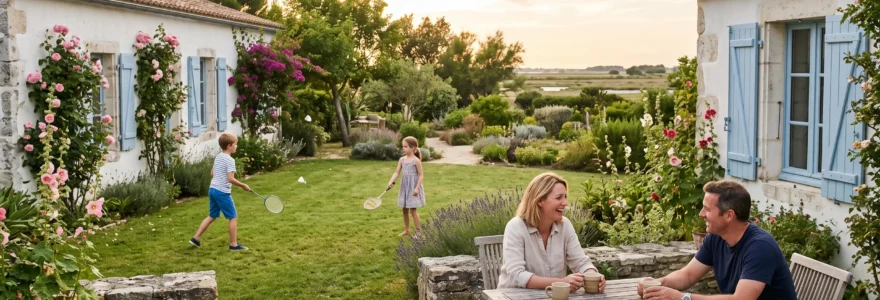A family relaxes in the garden of a private holiday villa on Île de Ré.