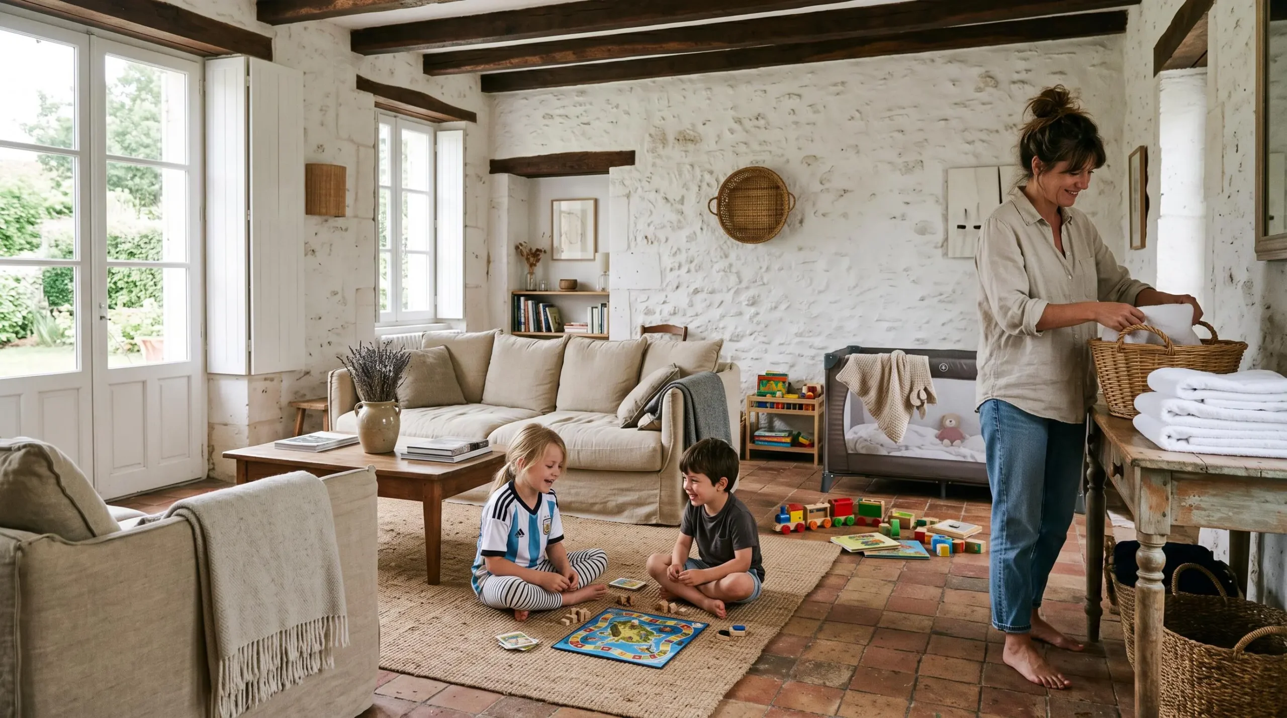 Children play in the spacious living room of a family villa.